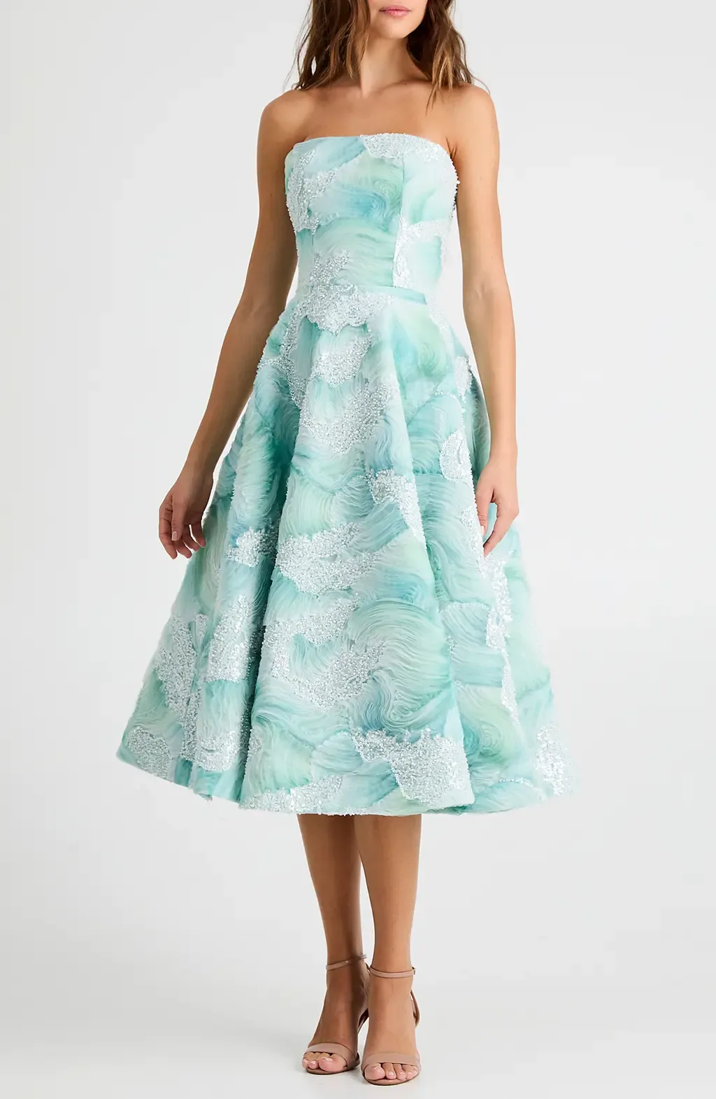 Vivi Bead Detail Print Strapless Cocktail Midi Dress