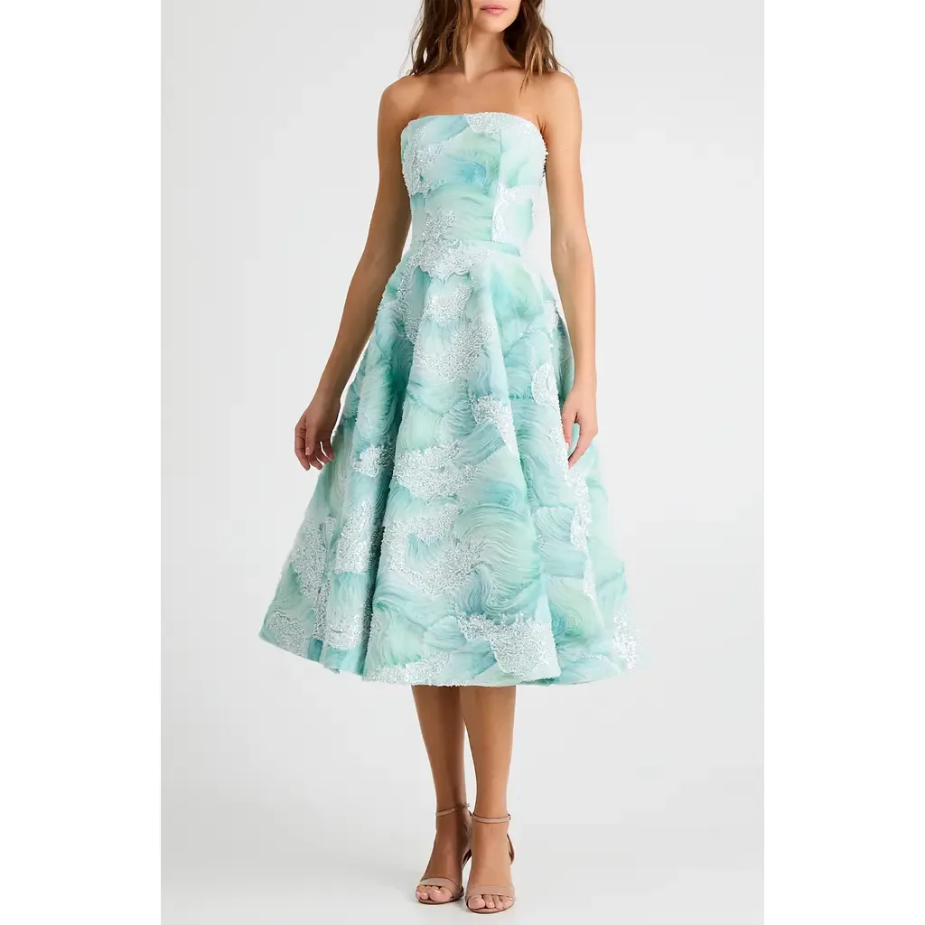 Vivi Bead Detail Print Strapless Cocktail Midi Dress by HELSI