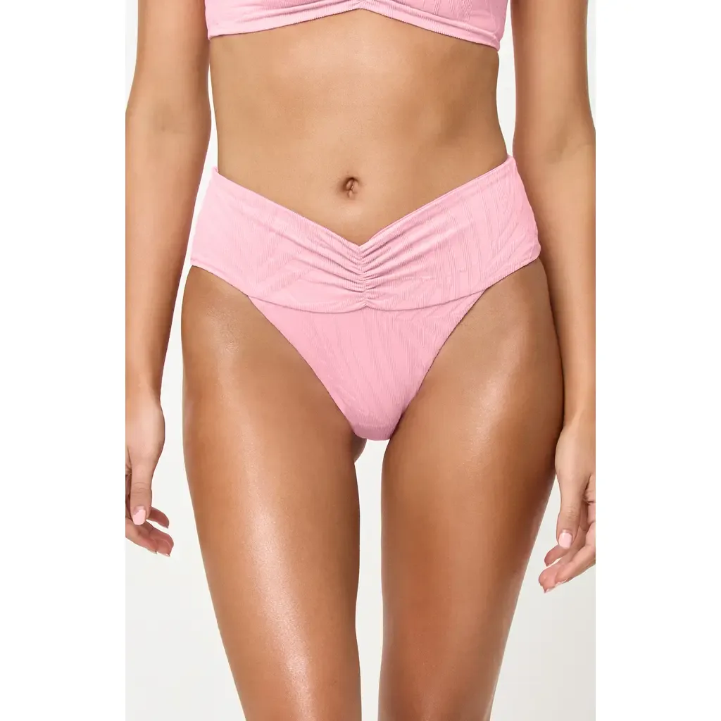 Bardot Ruched Jacquard High Waist Bikini Bottoms by LSPACE