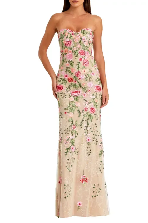 Floral Embroidered Strapless Bustier Gown by Mac Duggal