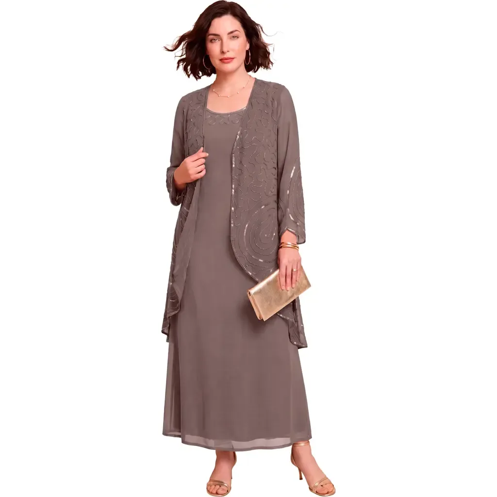 2 Piece Long Sleeve Beaded Georgette Gown Set with Detachable Jacket by Roaman's
