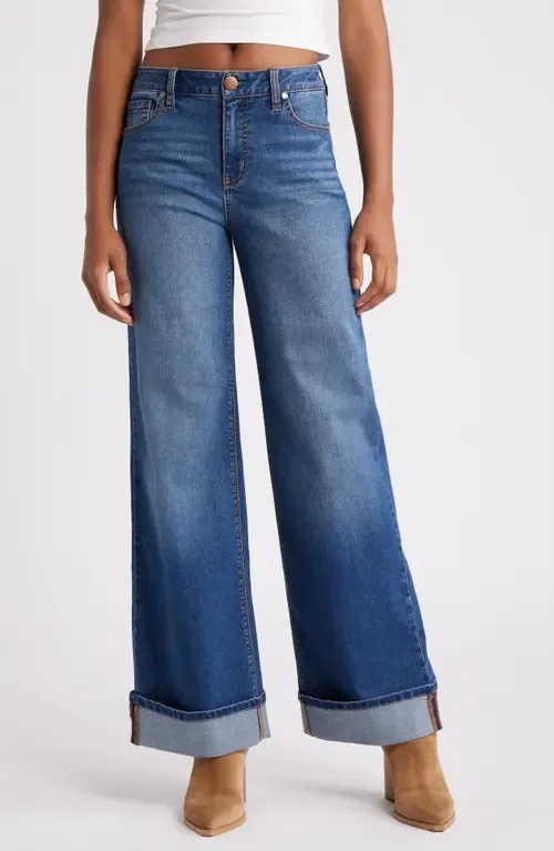 High Waist Cuff Slim Wide Leg Jeans