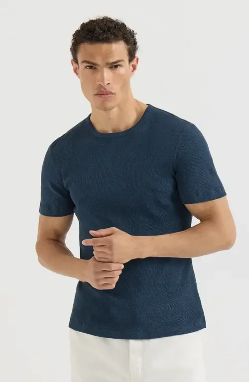 Denim-Effect Ribbed Cotton Jersey Crew Neck T-Shirt