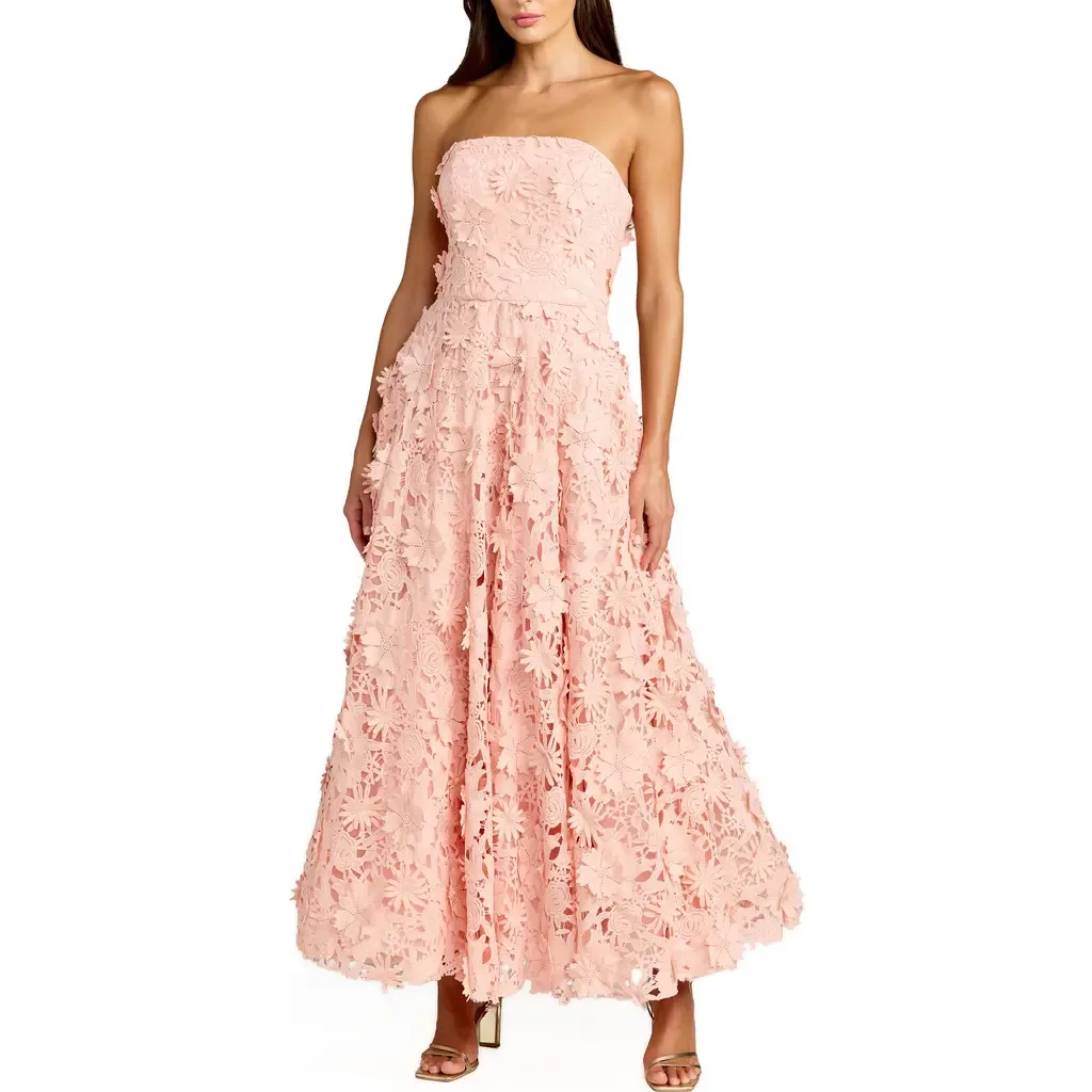 Floral Lace Strapless a Line Midi Dress by Mac Duggal