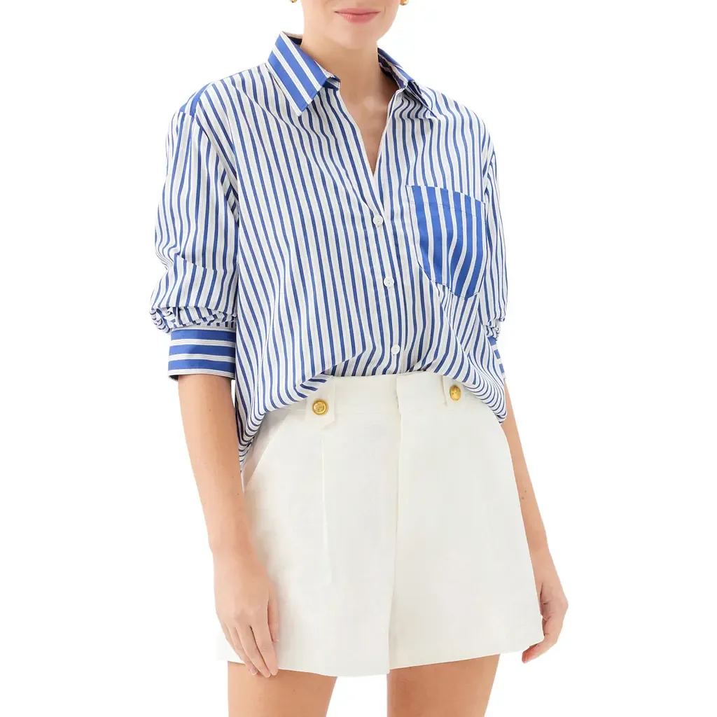 Leighton Ruched Sleeve Stripe Shirt by FIFTEEN TWENTY