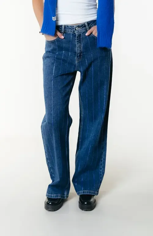 Gaias Rhinestones High Rise Wide Leg Denim Pants