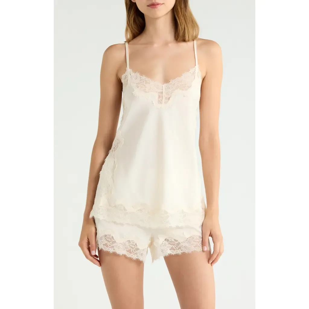 Lace Trim Satin Short Pajamas by Open Edit