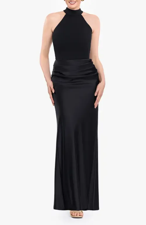 Sleeveless Mock Neck Satin Gown by Betsy & Adam