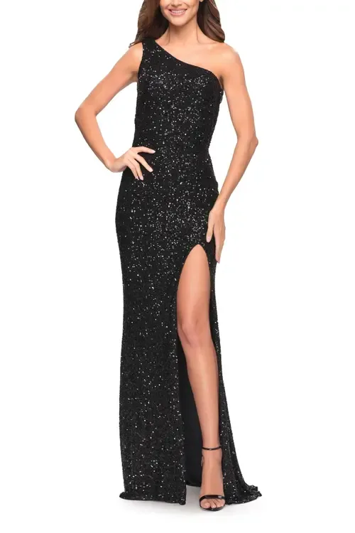 One Shoulder Luxurious Soft Sequin Dress with Slit
