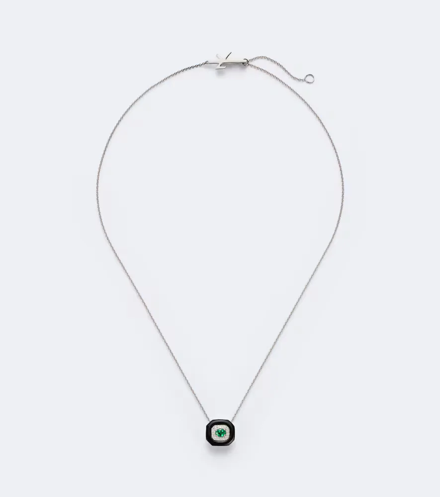 Oui 18kt White Gold and Enamel Pendant Necklace with Emerald and Diamonds by Nikos Koulis