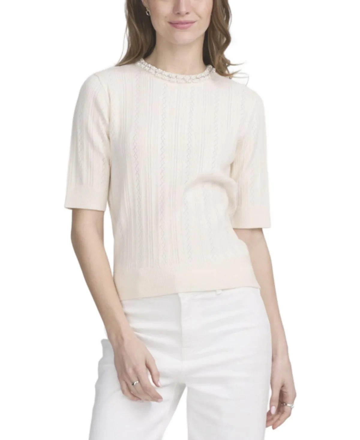 Fine Gauge Embellished Neck Top by Elle Collection