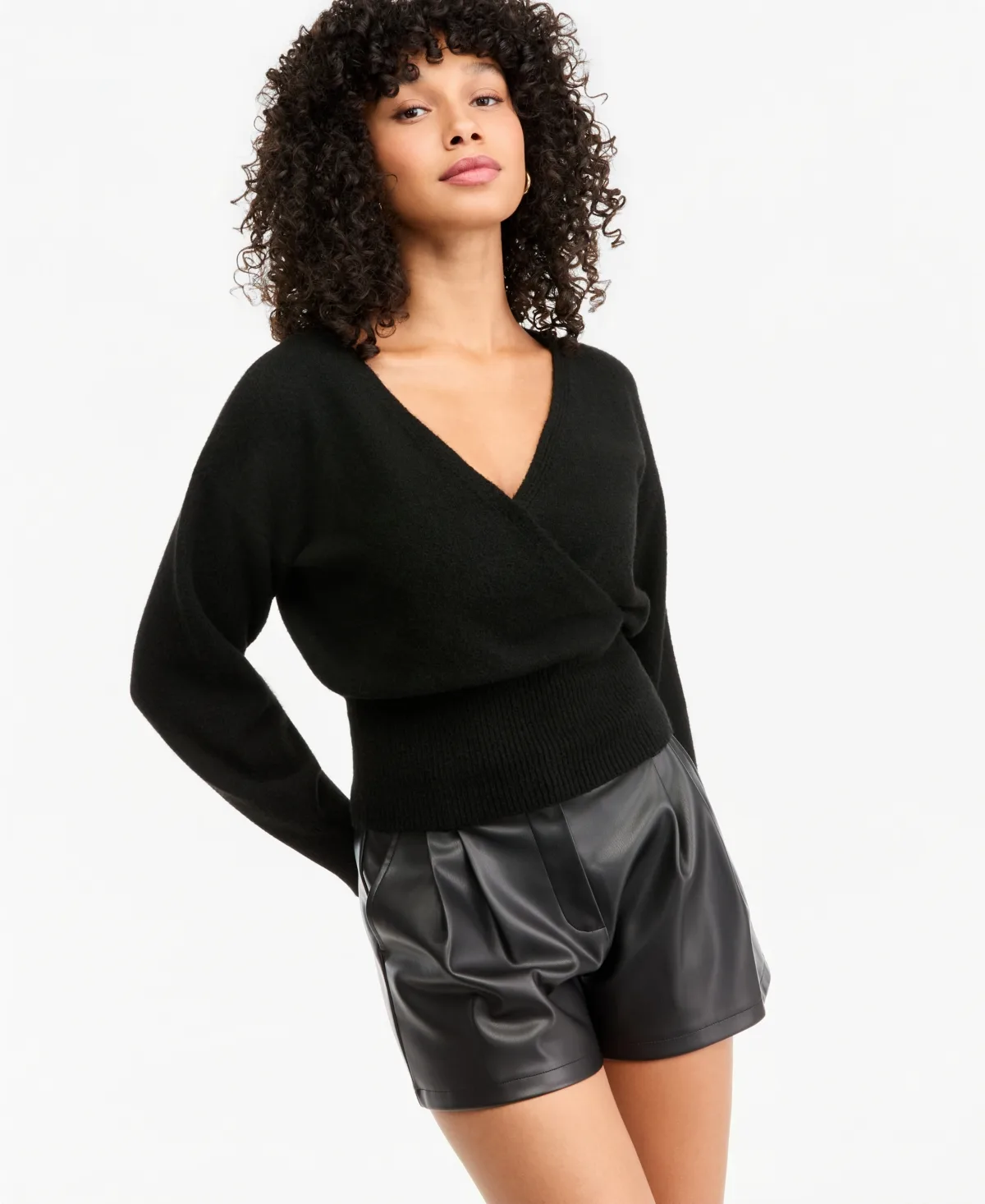 Sculpted Surplice Long-Sleeve Ribbed-Knit Sweater by Bar Iii