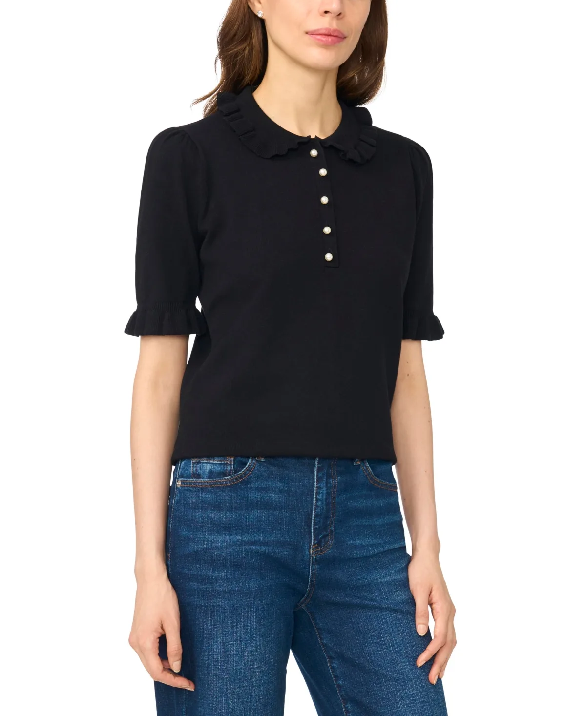 Ruffle Collar 3/4-Sleeve Polo Sweater by Cece
