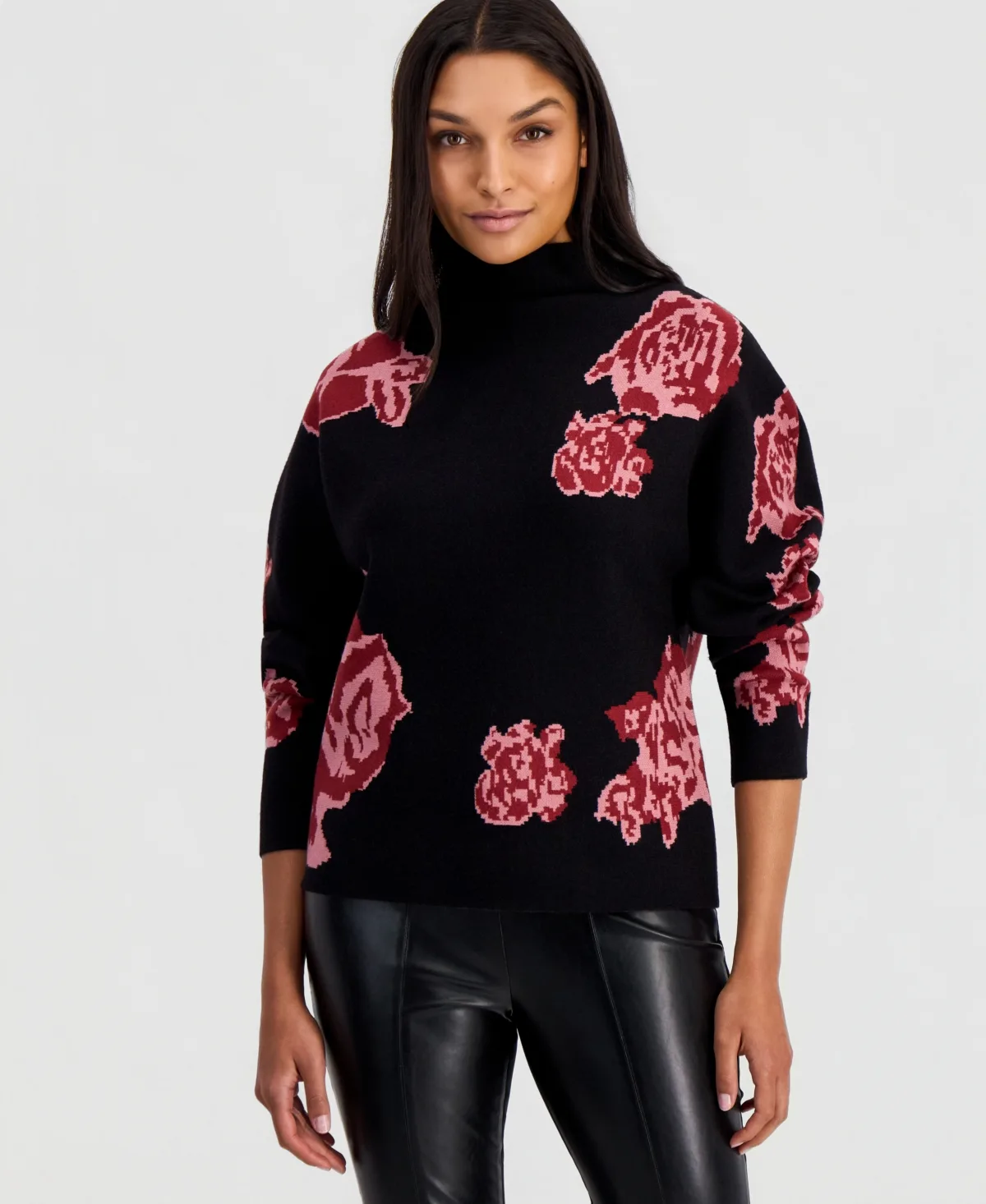 Floral Jacquard Funnel-Neck Dolman-Sleeve Sweater by T Tahari