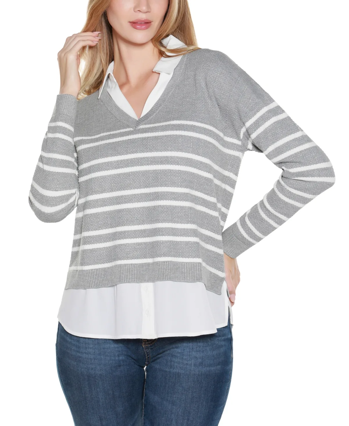 Striped V-Neck Two-Fer Sweater by Belldini