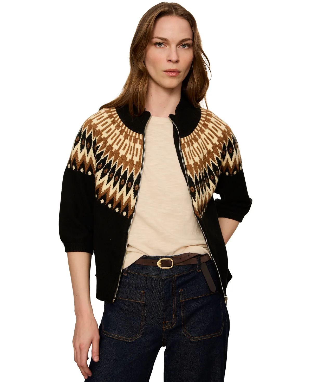 Zip-Up Short Sleeve Semi-Cropped Cardigan by Sanctuary