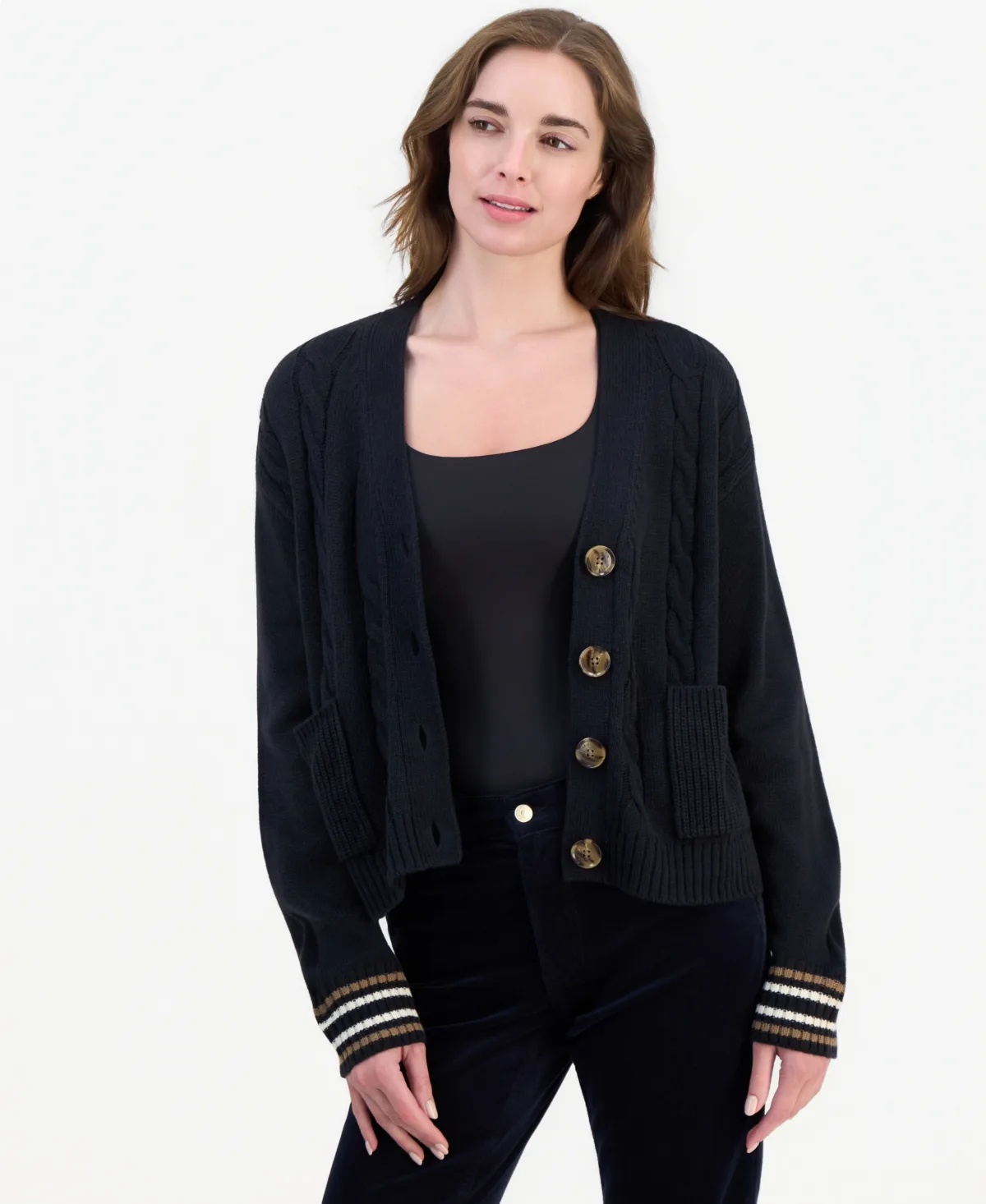 Cable-Front V-Neck Cardigan