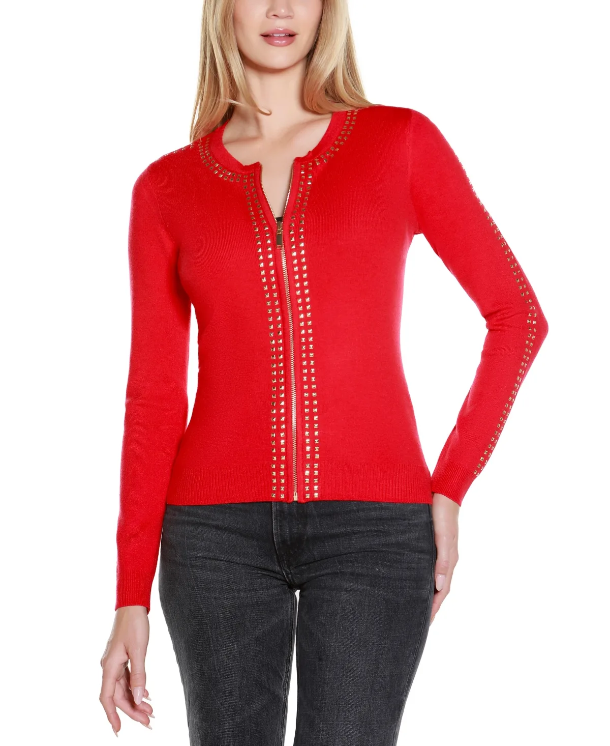 Crewneck Embellished Zip Cardigan Sweater by Belldini