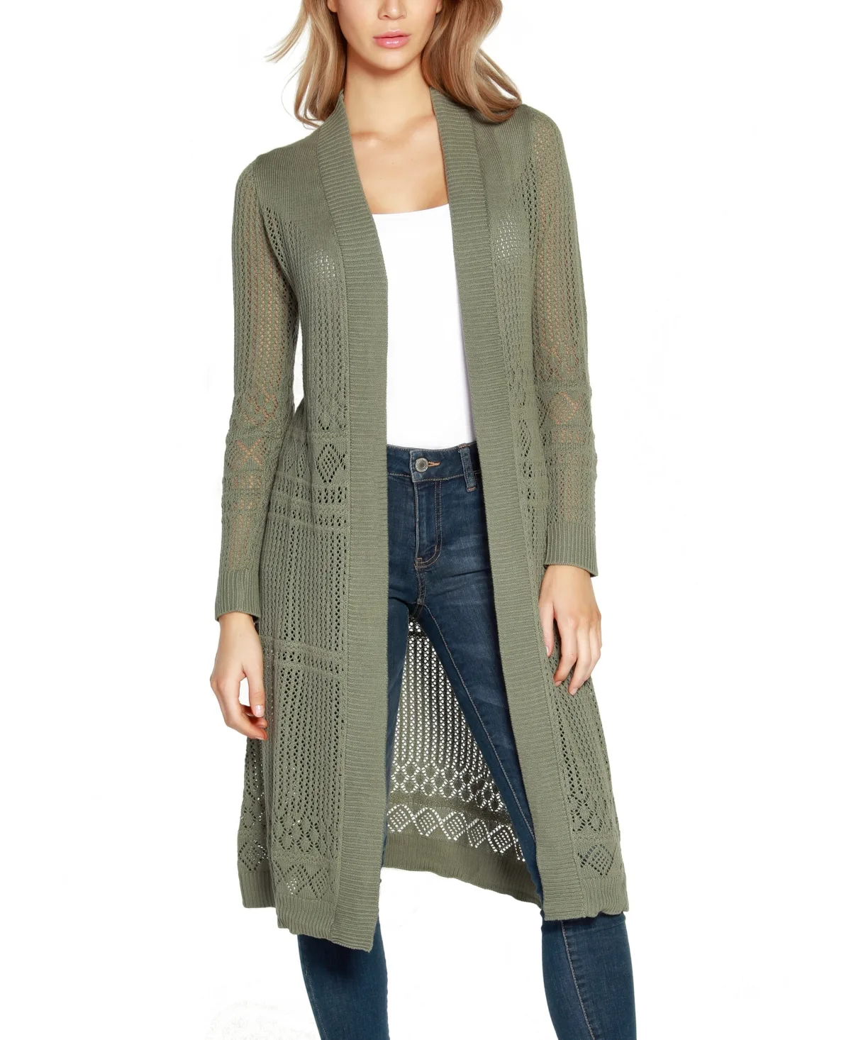 Pointelle-Stitch Duster Cardigan Sweater by Belldini