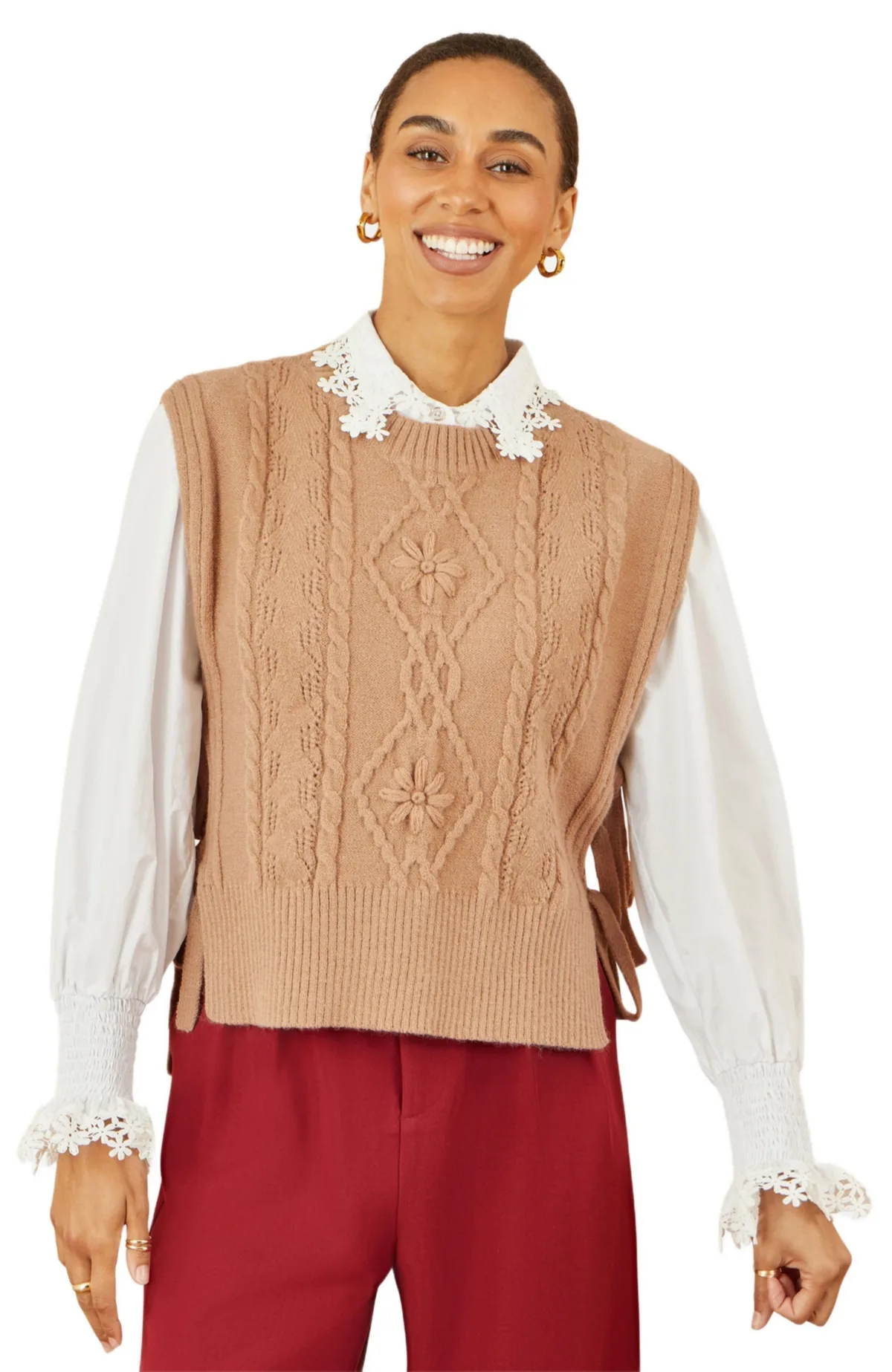 Floral Cable Knit Side Tie Pullover by Yumi