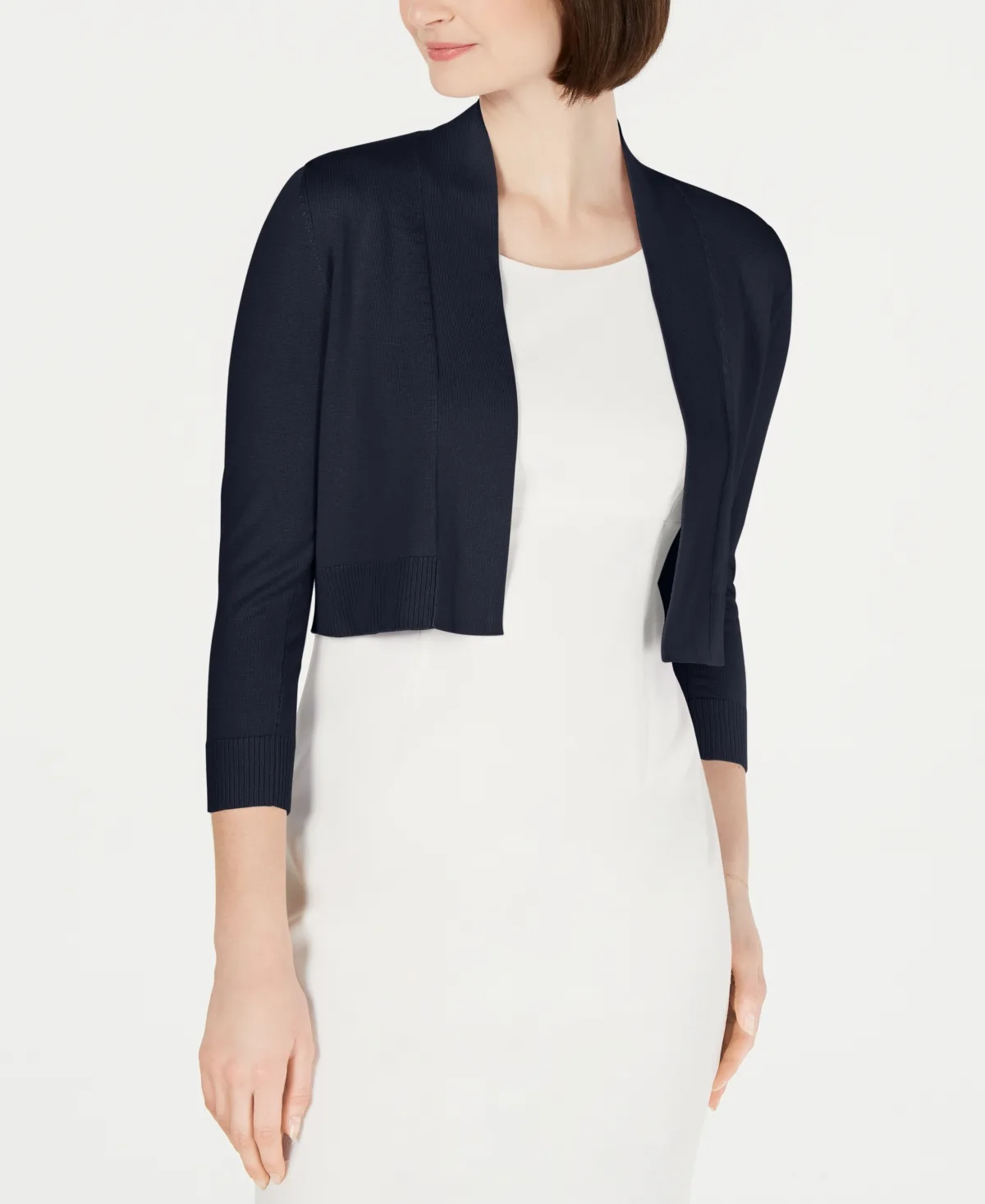 Cropped Open-Front Three-Quarter Sleeve Cardigan by Calvin Klein