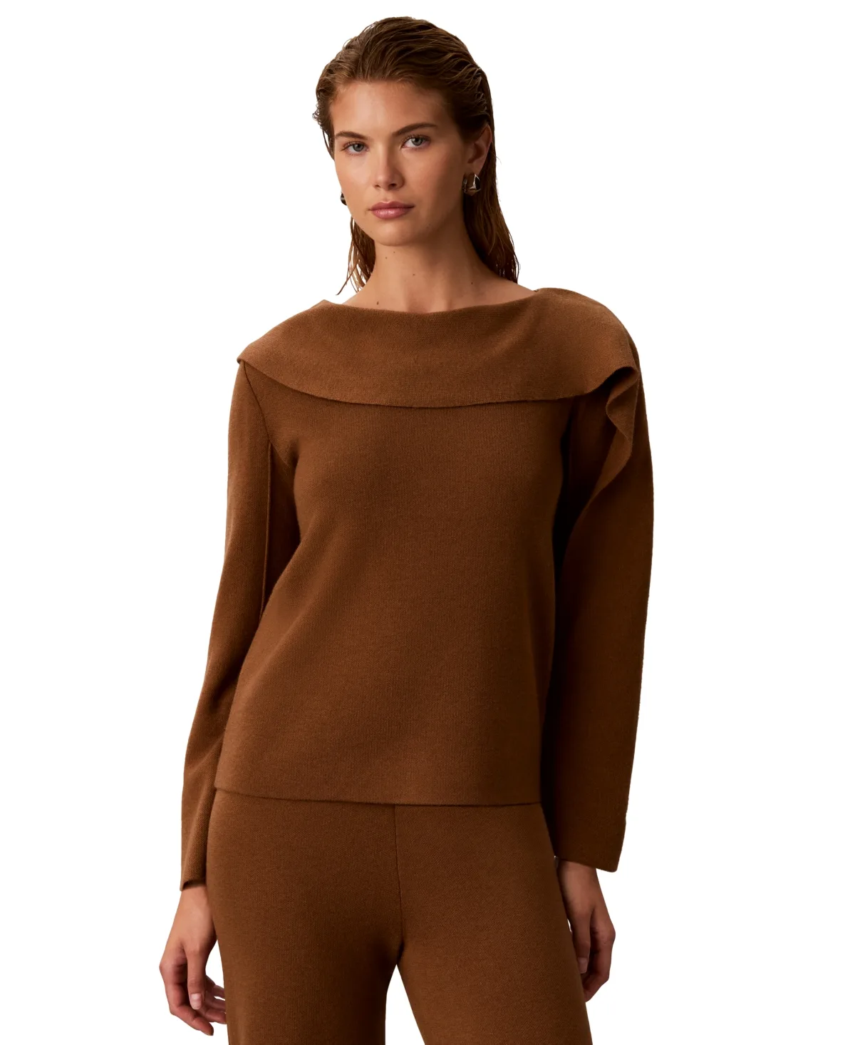 Asymmetrical Drape Boat Neck Long-Sleeve Sweater