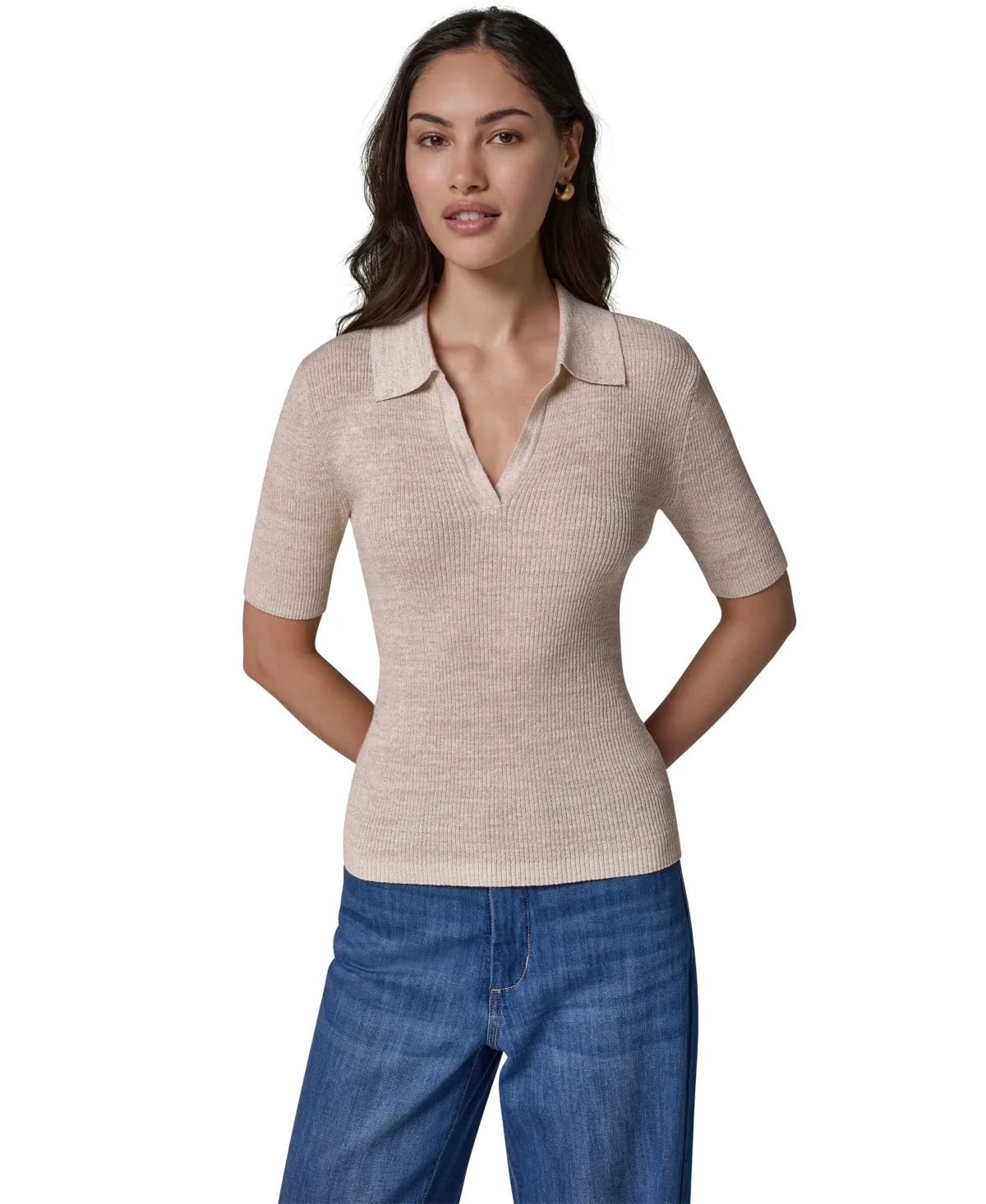 Collared V-Neck Short-Sleeve Sweater by Donna Karan Weekend