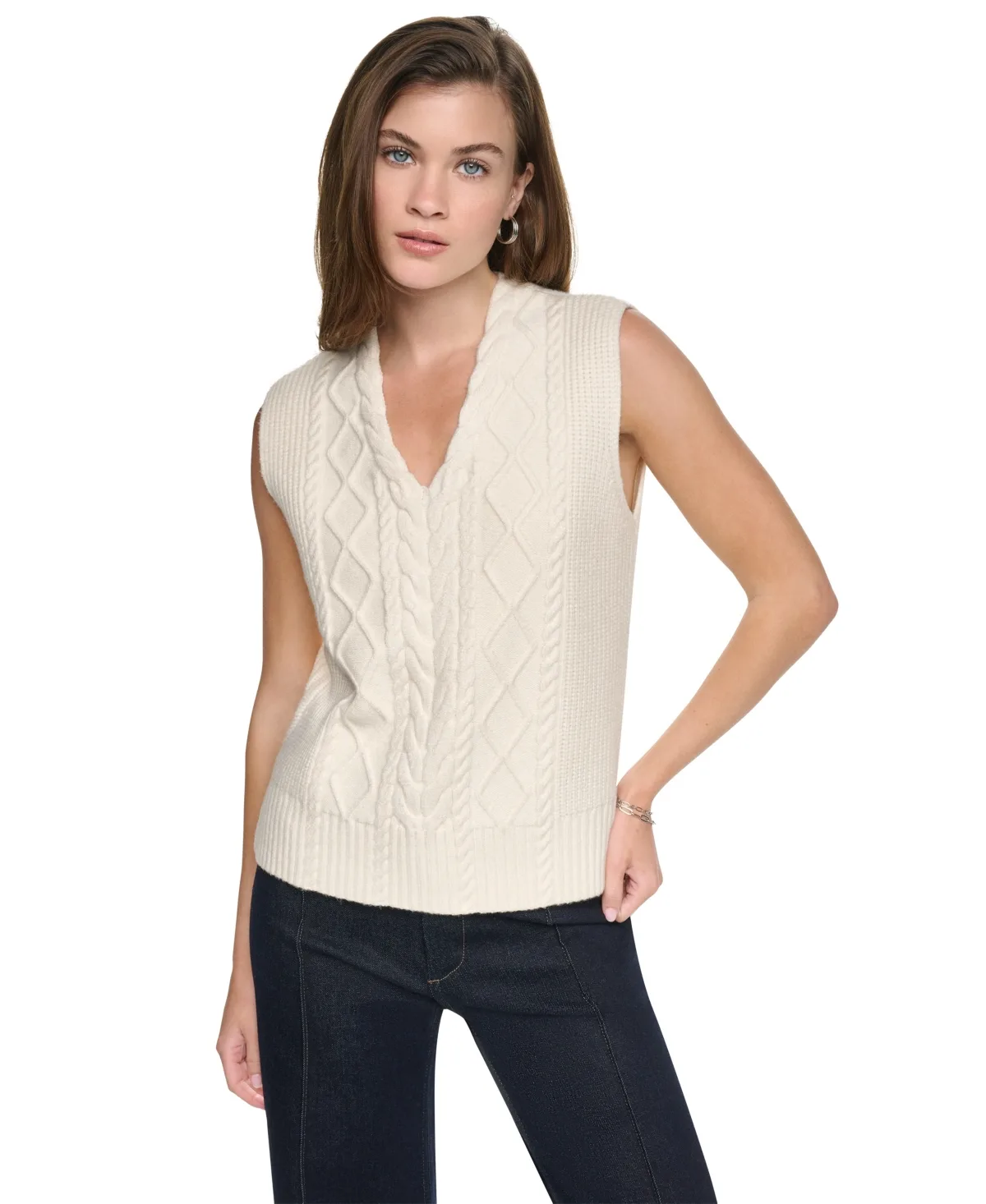 Cable Knit V-Neck Hi-Low Sweater