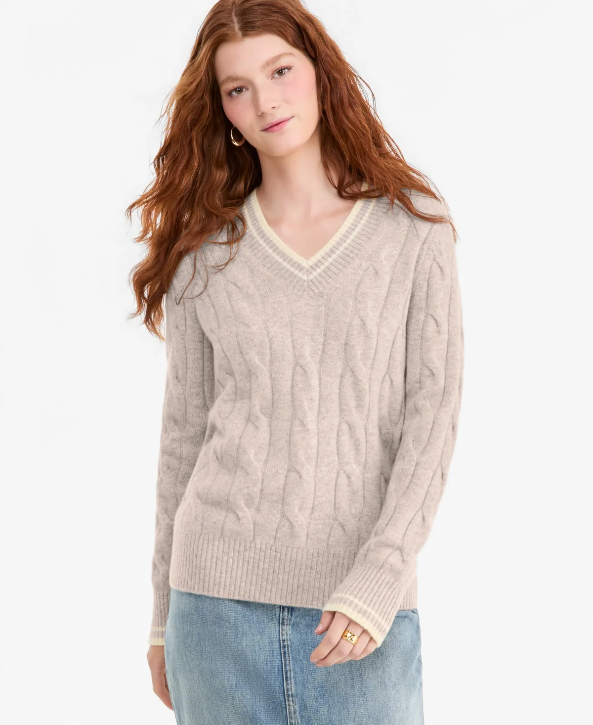 100% Cashmere Cable-Knit Tipped V-Neck Sweater by Charter Club