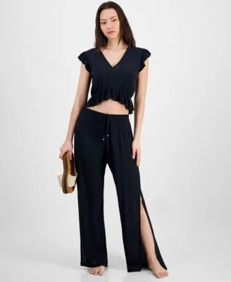 Ruffled Cover Up Top Side Slit Cover Up Pants by Miken