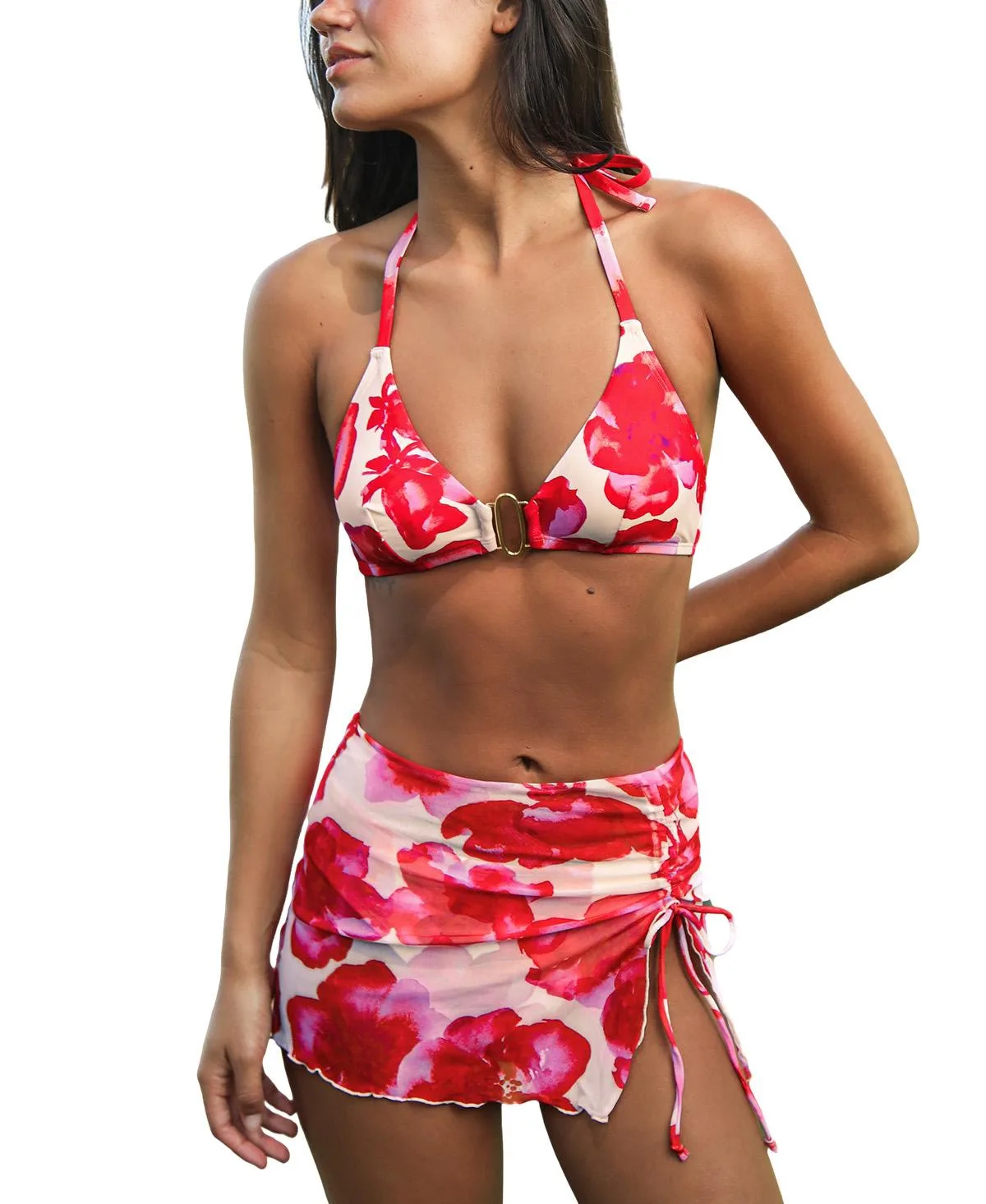 Floral Halter Bikini Set with Sarong by Cupshe