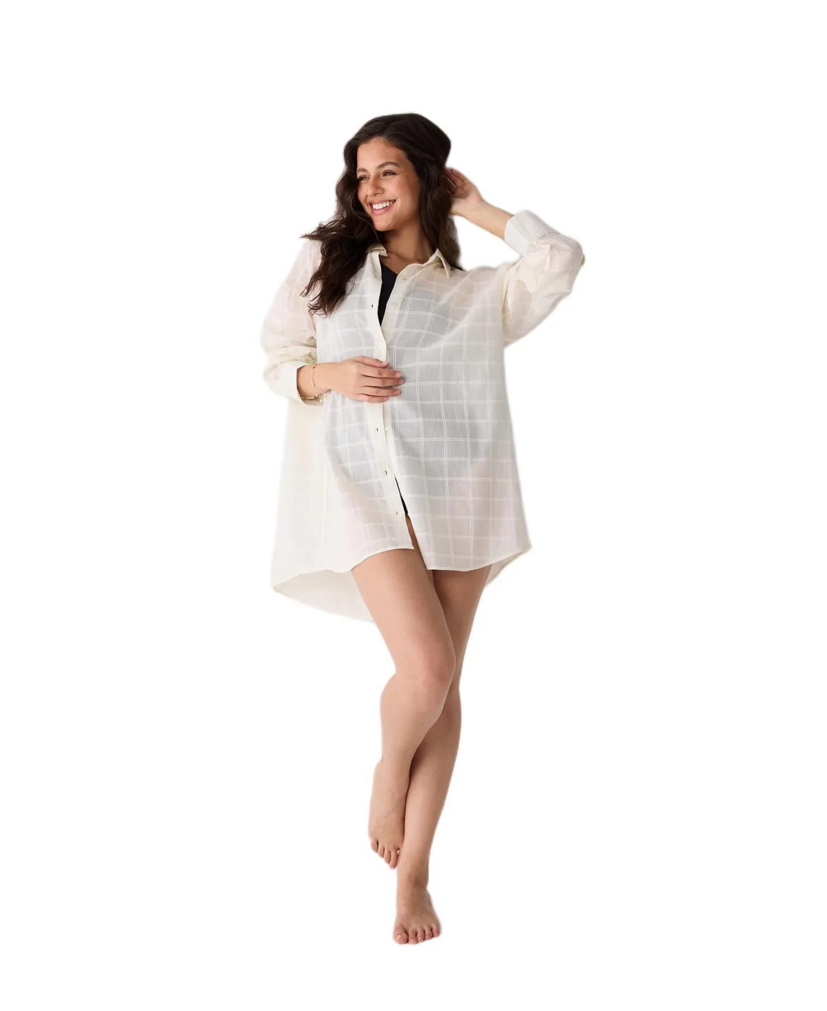 Oversized Shirt Cover-Up in Textured Checks by Reistor