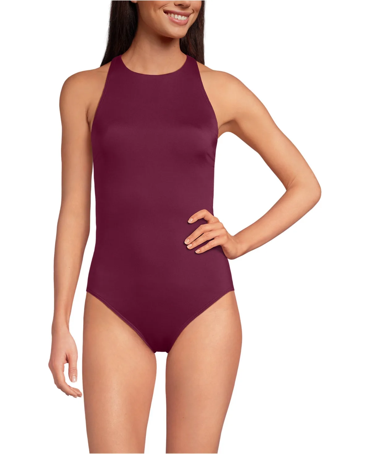 Long Torso Tugless High Neck Portrait Back One Piece Swimsuit by Lands' End