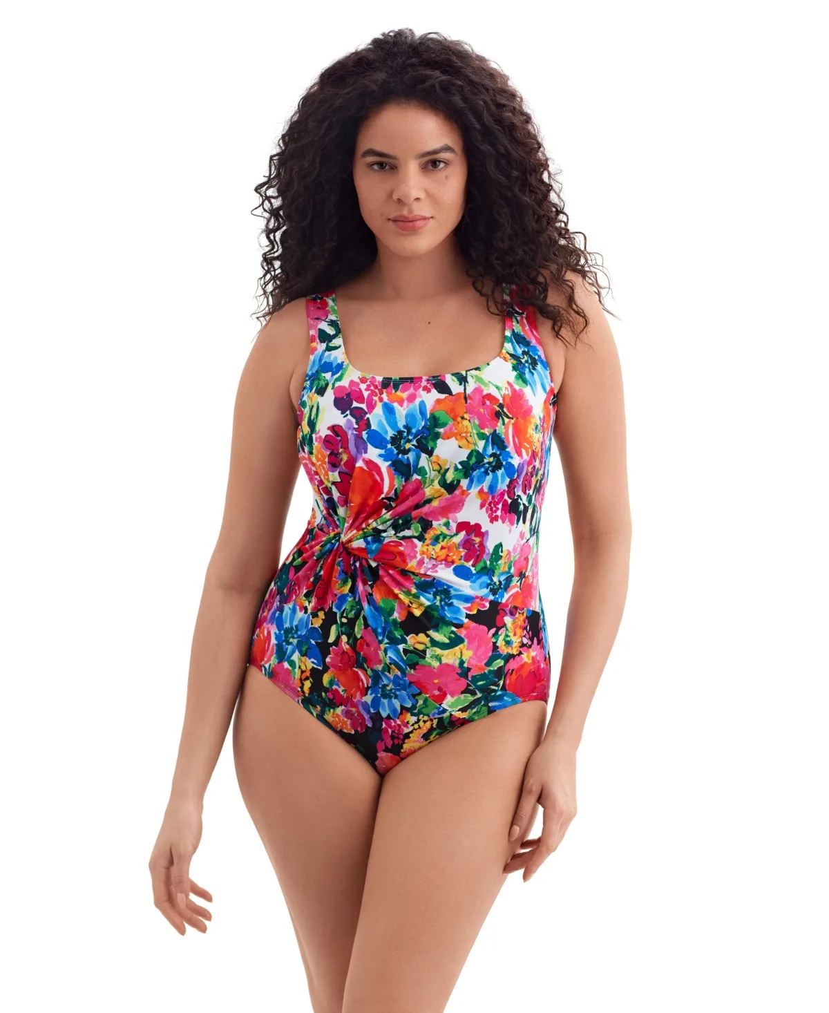 By Mimi Flamingo Blooming Bouquet Twist Drape Tank One Piece Swimsuit