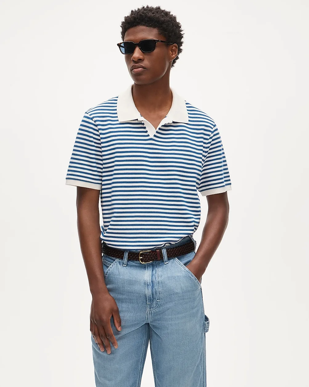 Piqué Johnny-Collar Polo Shirt in Stripe by J.Crew