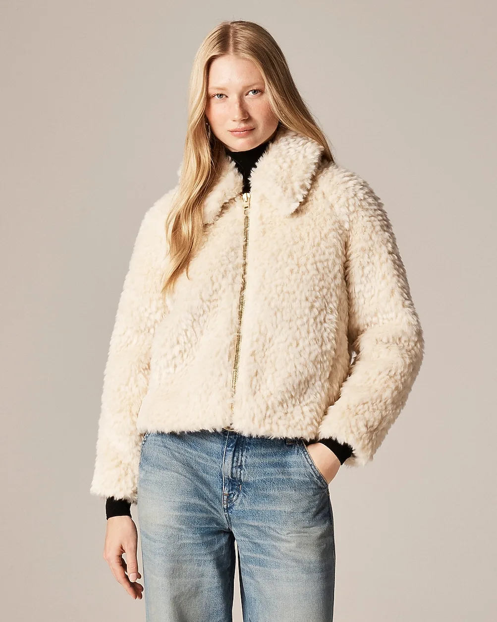 Zip-Up Jacket in Textured Faux Fur by J.Crew