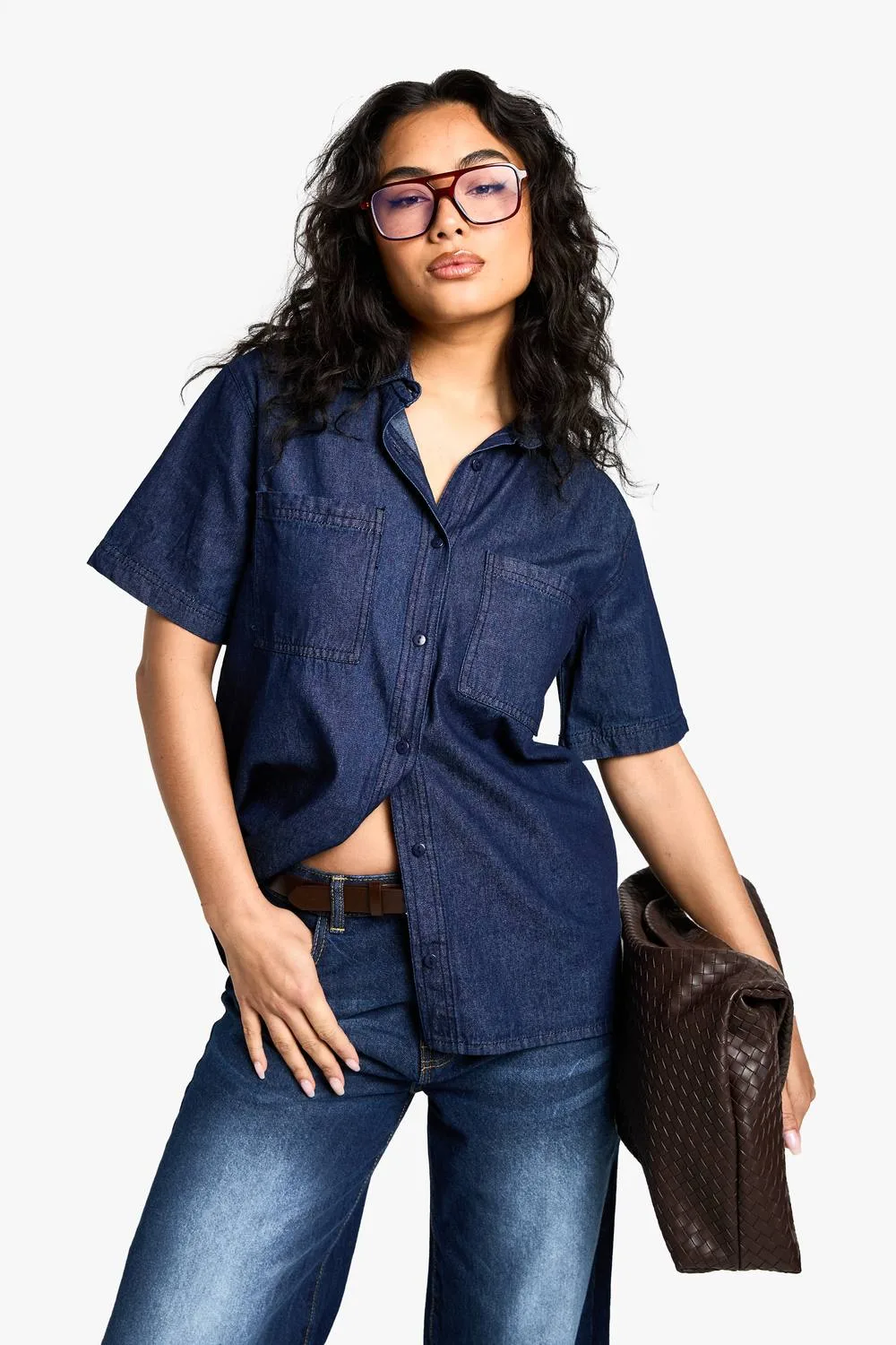 Chambray Denim Short Sleeve Shirt by boohoo