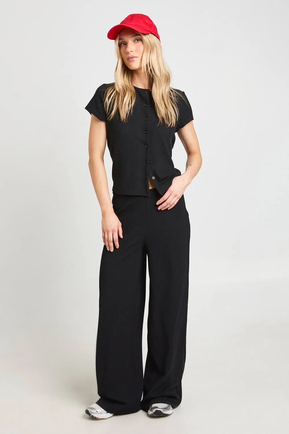 Crinkle Rib Button Through Cap Sleeve Top & Trouser Set by boohoo