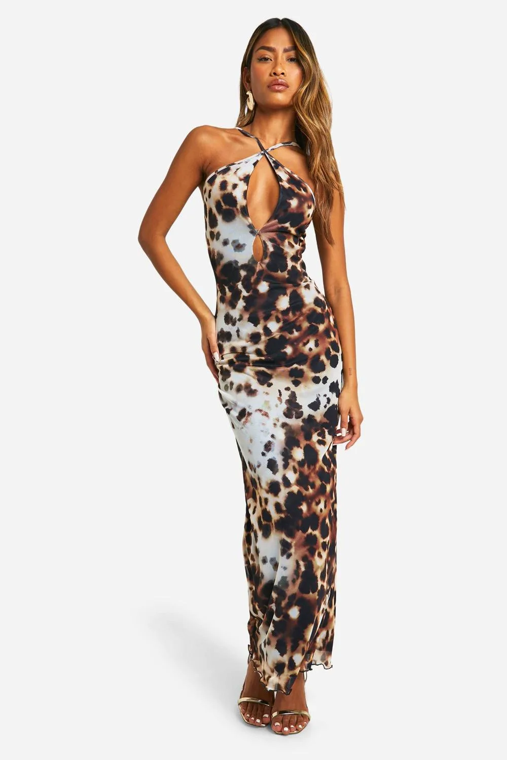 Mesh Leopard Halter Maxi Dress by boohoo