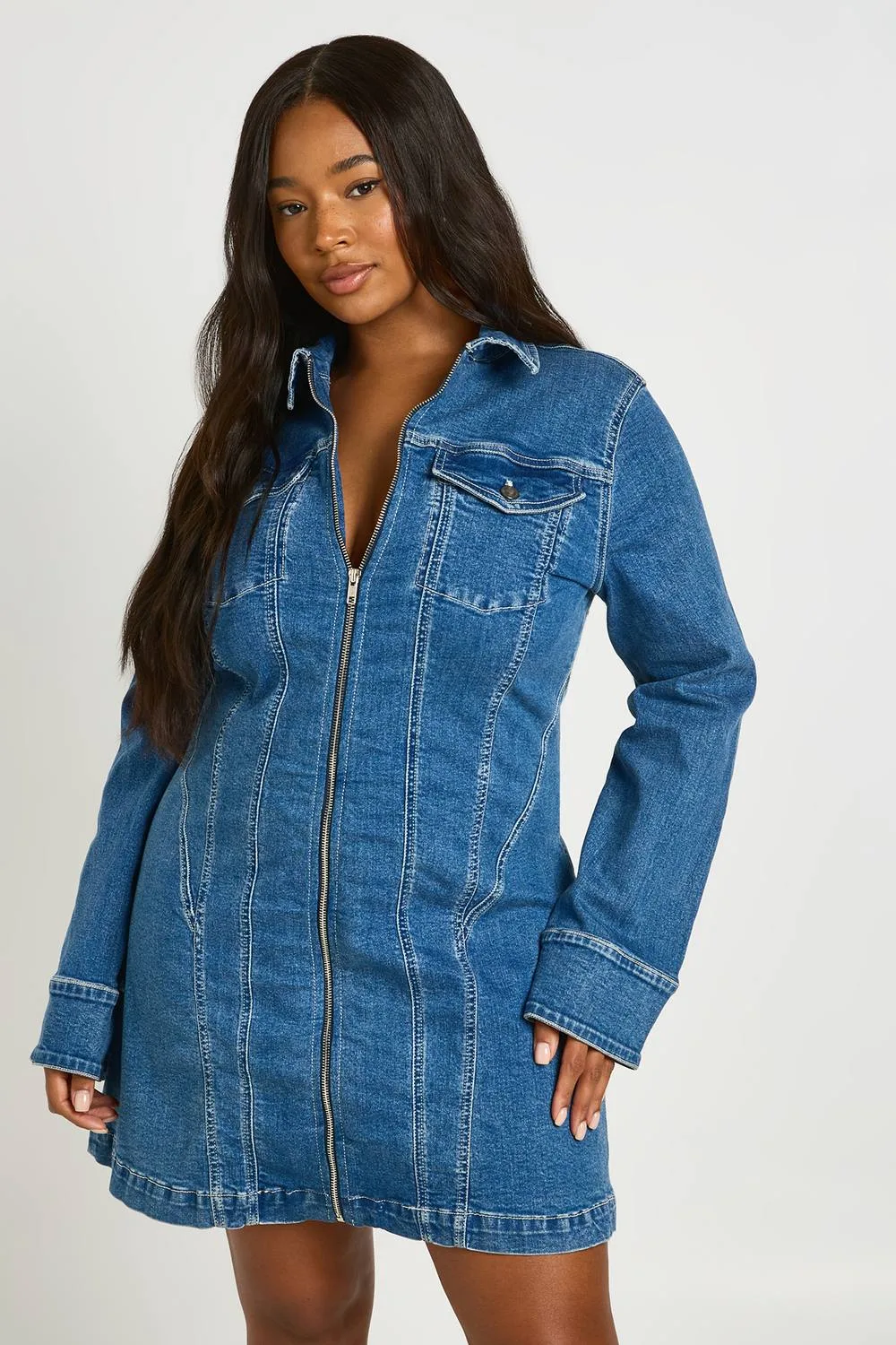 Denim Zip Up Shift Dress