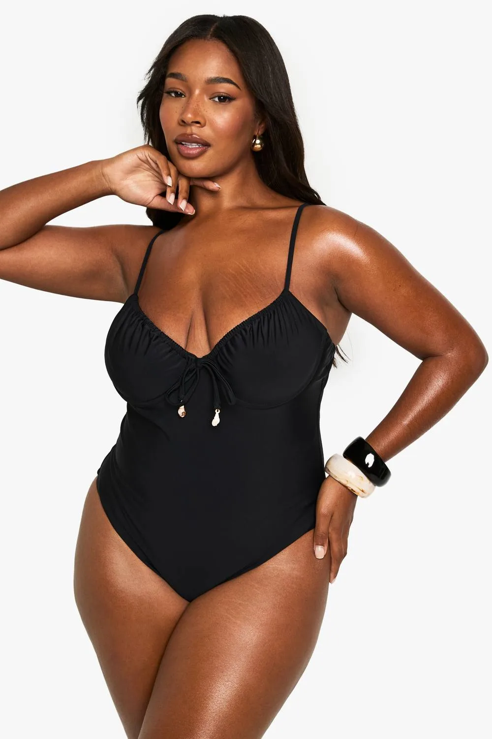 Shell Trim Ruched Cup Underwire Swimsuit by boohoo