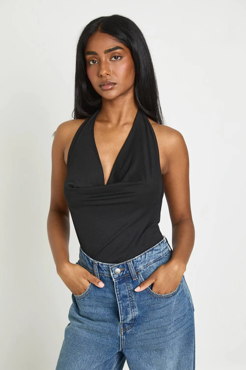 Textured Cowl Neck Halter Bodysuit by boohoo