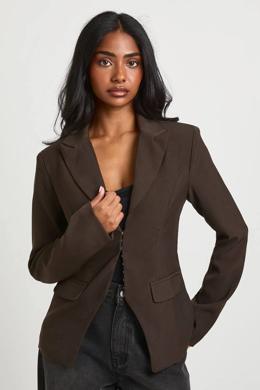 Woven Tailored Corset Detail Hook & Eye Blazer