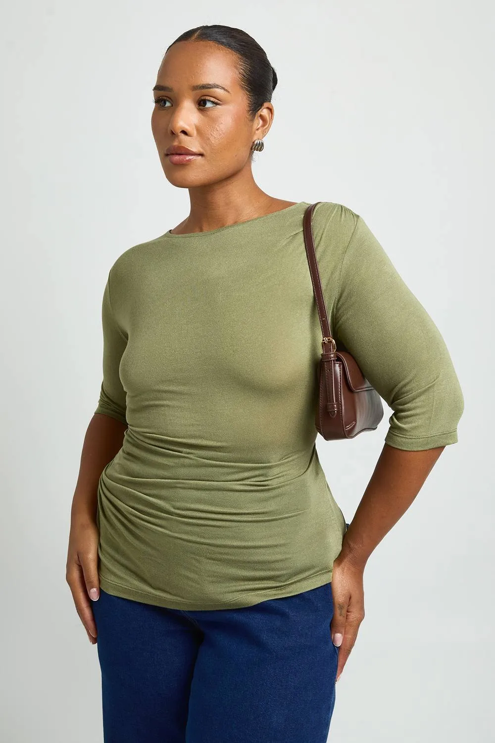 Sheer Knit Ruched 3/4 Sleeve Top by boohoo