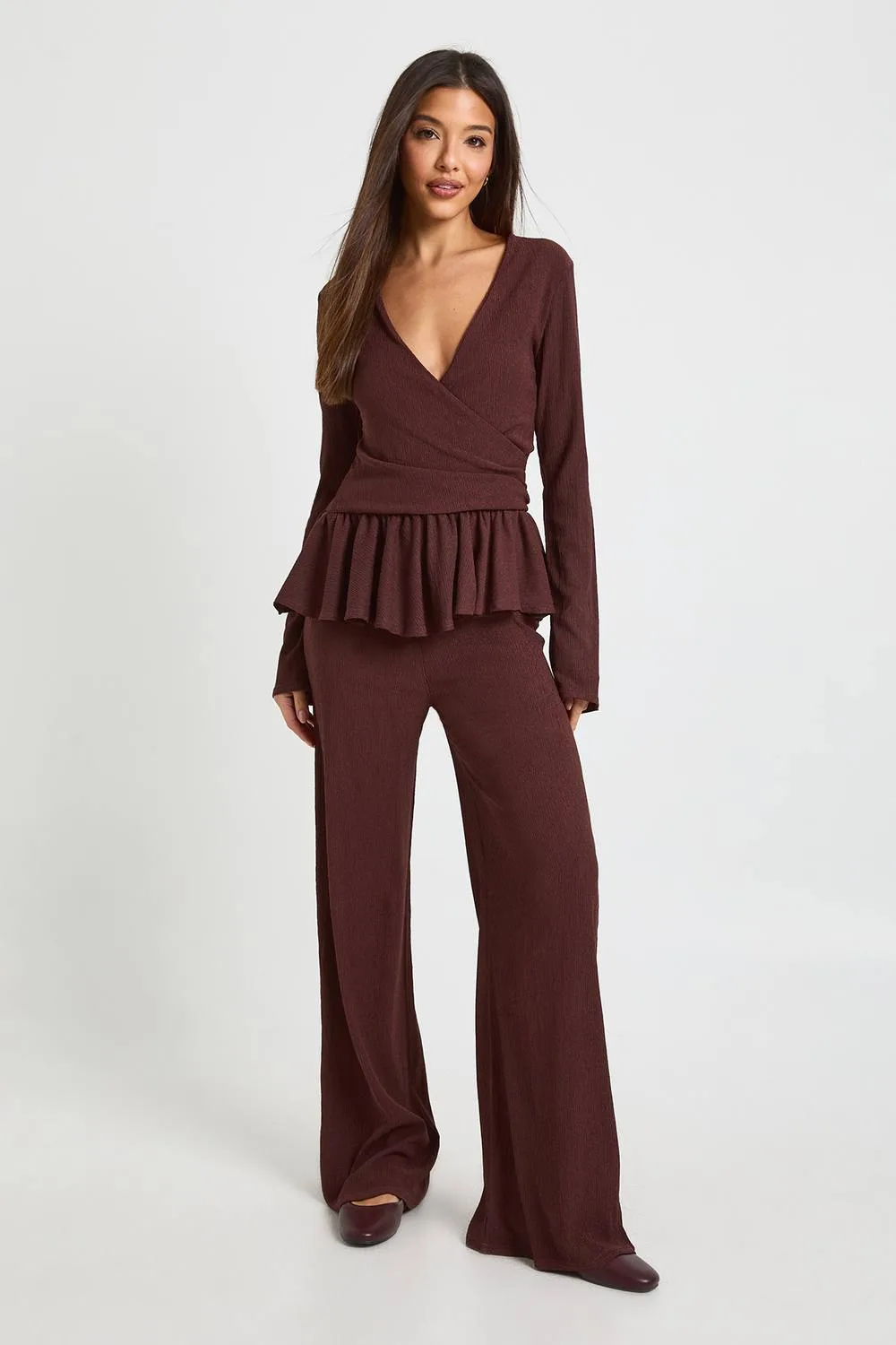 Textured Wrap Detail Long Sleeve Top & Trouser Set by boohoo