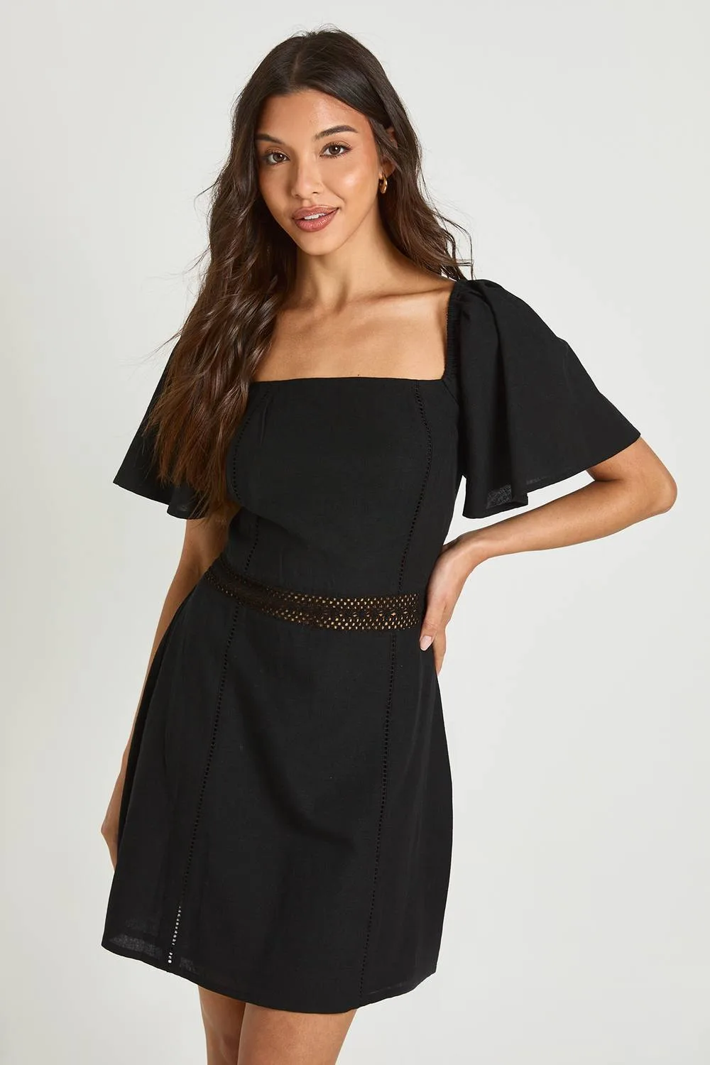 Crochet Trim Linen Look Mini Dress by boohoo