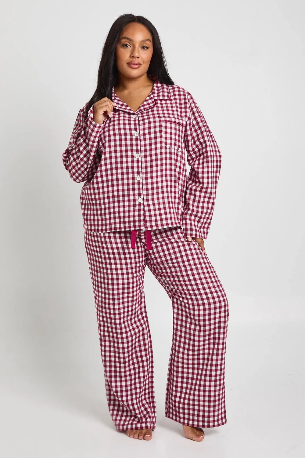 Soft Touch Gingham Long Sleeve Shirt & Trouser Pyjama Set by boohoo