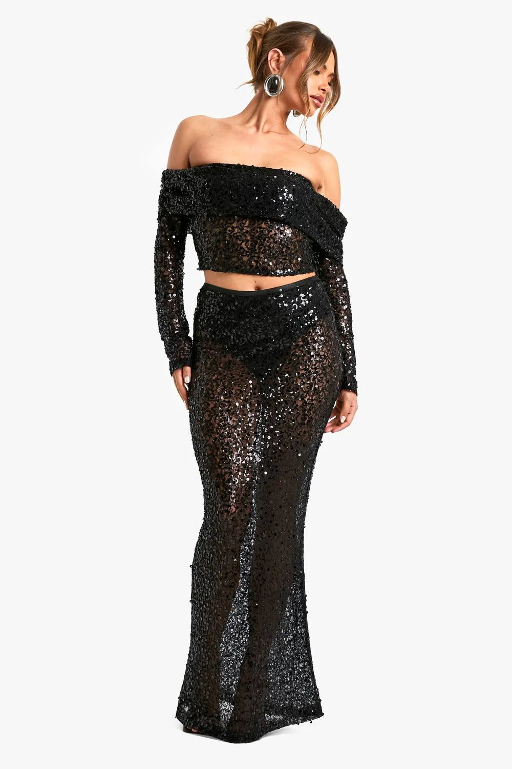 Sequin Beaded Lace Maxi Skirt by boohoo
