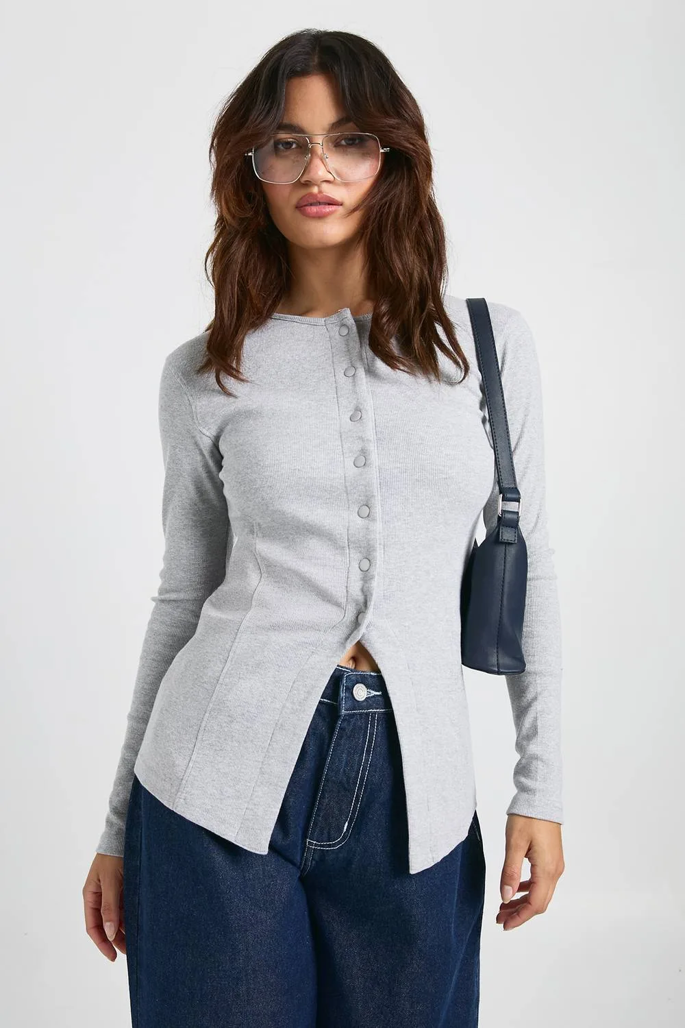 Ribbed Longline Popper Front Top by boohoo