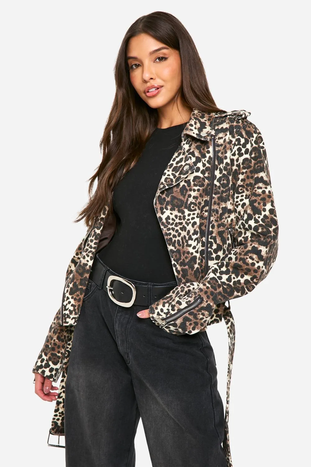 Leopard Print Denim Biker Jacket by boohoo